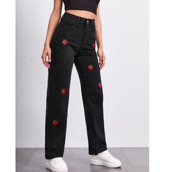 SHEIN Denim - High Waist Strawberry Embroidery straight cut Jeans small